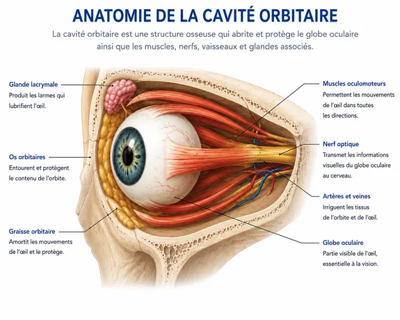illustration-anatomique-cavite-orbitaire-clinique-de-la-vue-lyon-575x460 Schéma anatomique de la cavité orbitaire montrant le globe oculaire, les muscles oculomoteurs, le nerf optique, les vaisseaux sanguins et les structures impliquées dans la chirurgie des cavités orbitaires